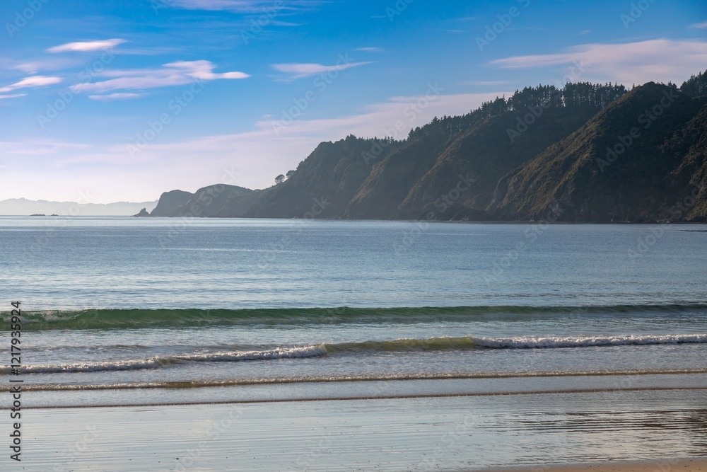 Obraz premium Coastal scene: gentle waves on a serene beach, meeting the base of a forested hillside. Tranquil morning light. Matauri Bay, Matauri Bay, Northland, NZ