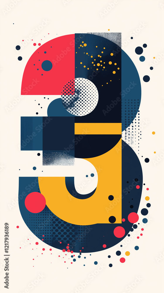 Number three with colorful circles and dot patterns