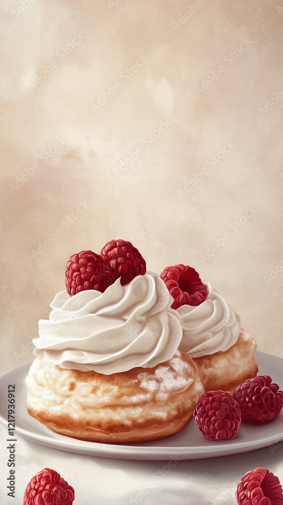 Cream puffs with raspberries and text space