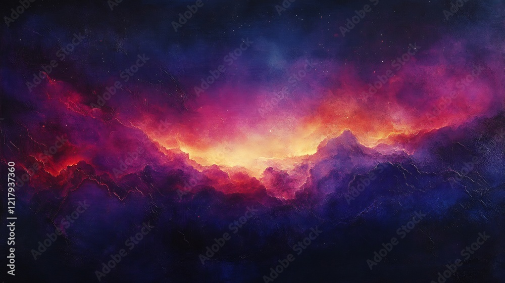 Naklejka premium Vibrant nebula glows intensely purple red hues dramatic cosmic landscape. AI Generated
