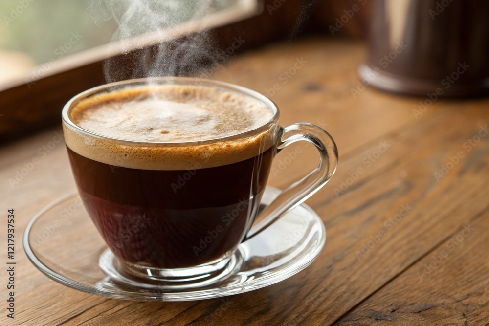 Obraz premium Steaming Cup of Coffee on Wooden Table