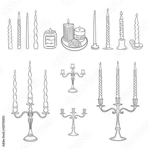 Vector hand drawn candle and candlesticks collecttion on whie background