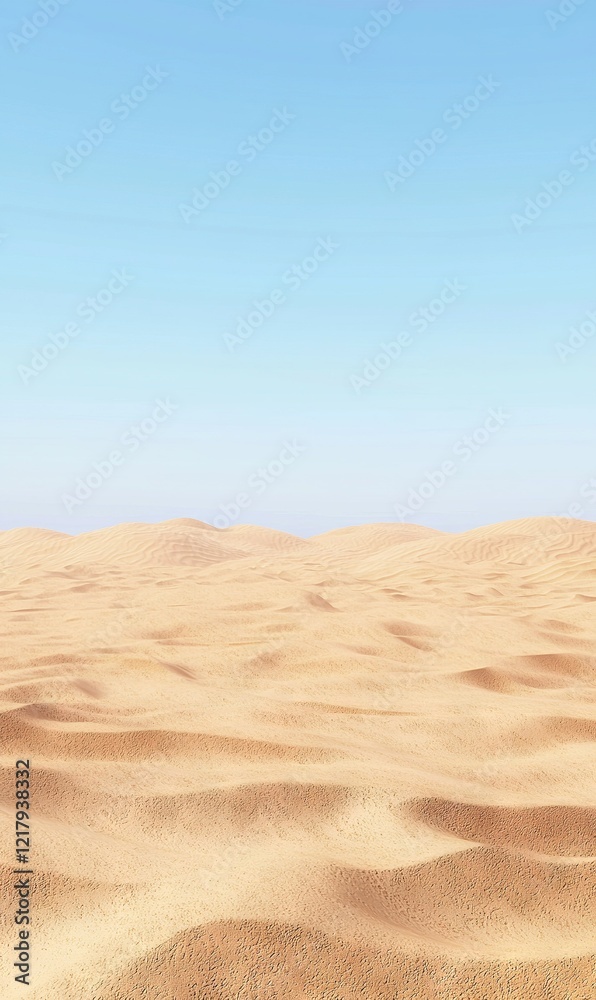 A panoramic shot of a sand dune landscape featuring a clear blue sky and sparse white clouds overhead A panoramic shot of a sand dune landscape featuring a clear blue sky and sparse white clouds overhead