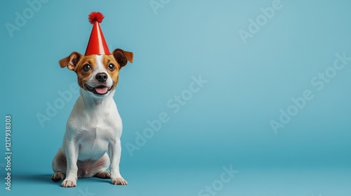 Happy dog party hat blue studio backdrop