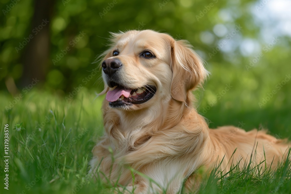 A joyful golden retriever poses amidst lush green grass and trees, radiating happiness and joy. A joyful golden retriever poses amidst lush green grass and trees, radiating happiness and joy.