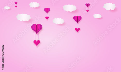 Happy valentines day romantic card, 3d balloon, hearts flying, clouds, paper cut vector. 3d love concept wallpaper to use for valentines day, 14 february romantic project.