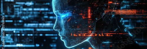 Futuristic cyberpunk design featuring a humanoid figure with glowing elements