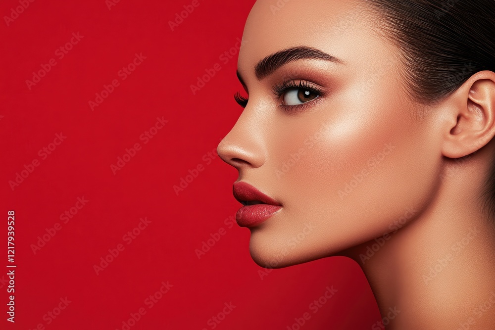 Create striking graphic layouts for beauty advertising featuring a model on a red background Create striking graphic layouts for beauty advertising featuring a model on a red background