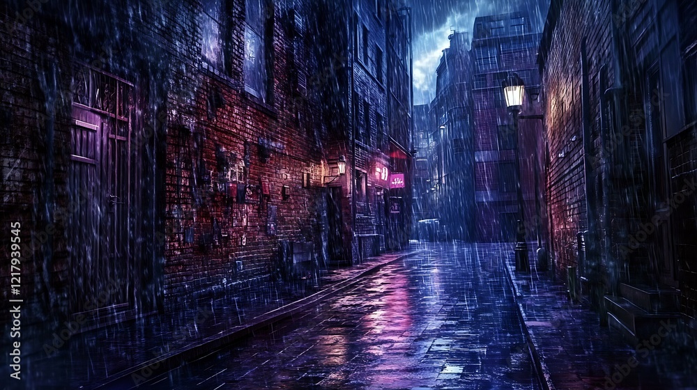 Naklejka premium Rainy Night in the City Alley: A Dark and Atmospheric Scene