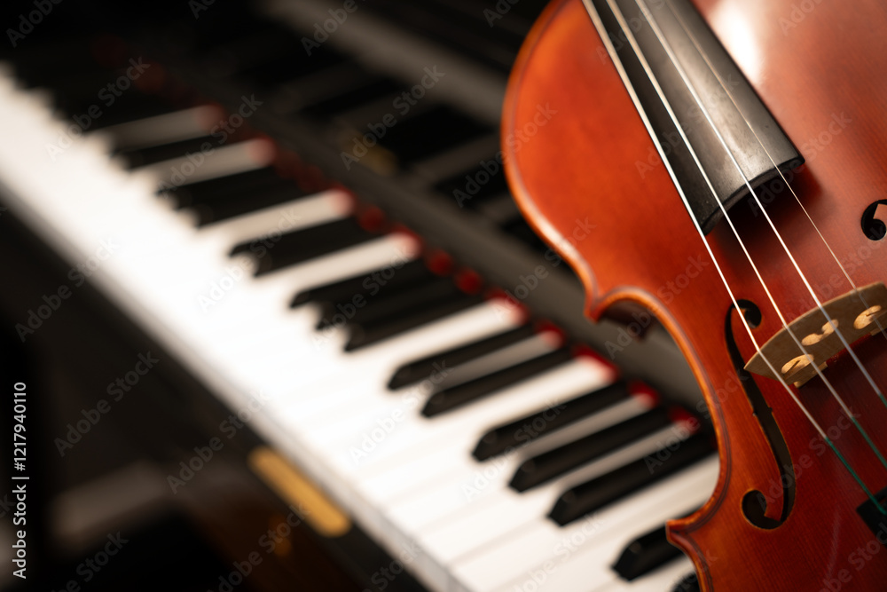 Violin on top of piano keyboard background