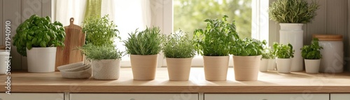 Wallpaper Mural Kitchen herbs sunlight windowsill. Fresh basil, rosemary, thyme in pots. Cooking background Torontodigital.ca