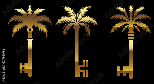 Golden Palm Tree Key Vector Set on Black Background
