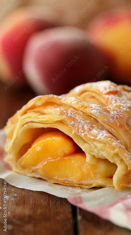 Fresh peach strudel closeup with text space