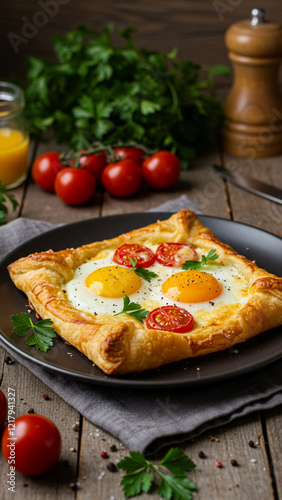 A flaky pastry tart filled with sunny-side-up eggs, cherry tomatoes, and cheese, garnished with parsley. Styled on a dark plate for a rustic yet elegant presentation.