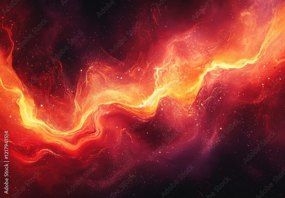 Obraz premium Stunning Cosmic Swirl of Fiery Red and Orange Hues Amidst Twinkling Stars in a Deep Space Nebula, Captivating Interstellar Galaxy Background for Creative Projects