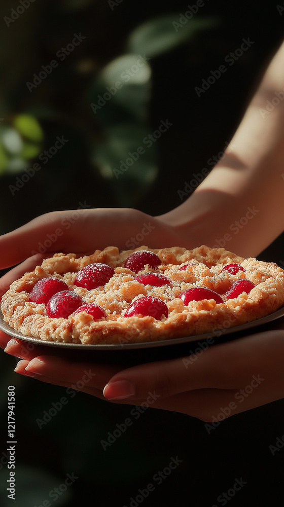 Hands holding a small fresh plum pie vertical