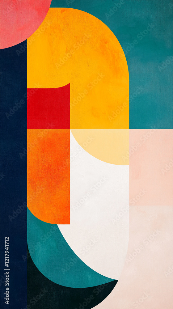 Rounded forms in teal, orange, coral and black vertical