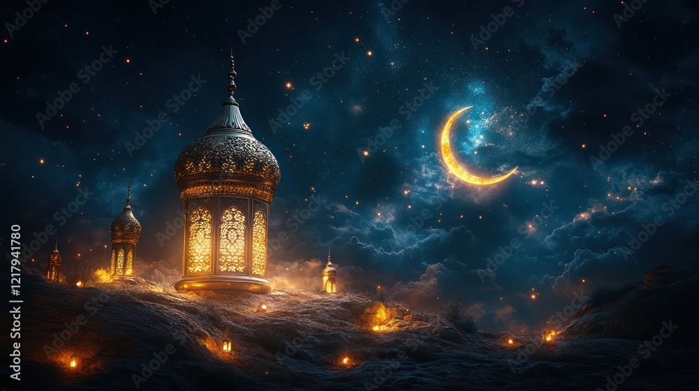 Enchanted Ramadan Night: Golden Lanterns Under a Crescent Moon Enchanted Ramadan Night: Golden Lanterns Under a Crescent Moon