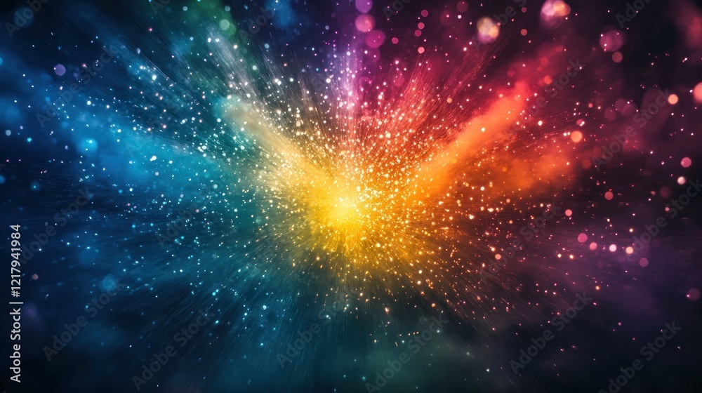 Naklejka premium Vibrant Celestial Explosion of Colorful Sparks and Lights in Cosmic Space Dramatic and dynamic energy burst with shimmering particles glowing galaxy and cosmic universe background