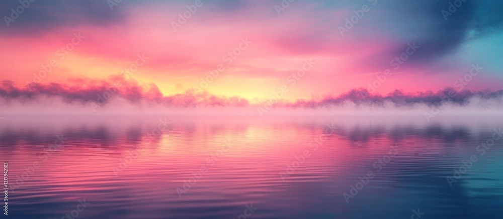 Fototapeta premium Captivating landscape scene of a vibrant sunset reflecting in the still waters of a serene lake creating a dreamlike and atmospheric ambiance with stunning colors and peaceful tranquility