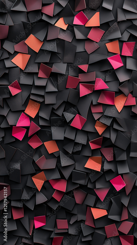 Vertical design of angled forms in dark shades with pops of bright color