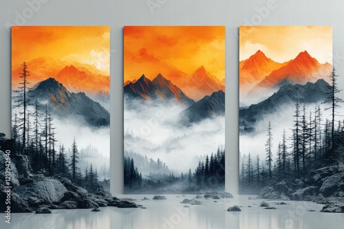 Serene mountainscape artwork featuring vibrant orange and black hues in triptych layout photo