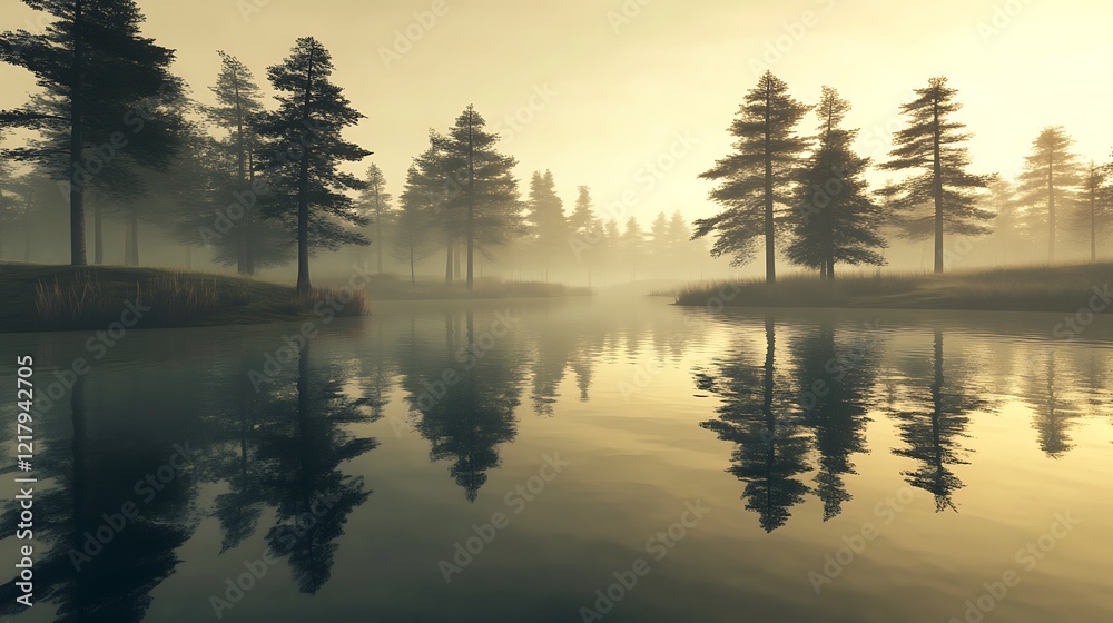 Fototapeta premium Misty Morning Reflections: Serene Lake and Pine Forest at Dawn