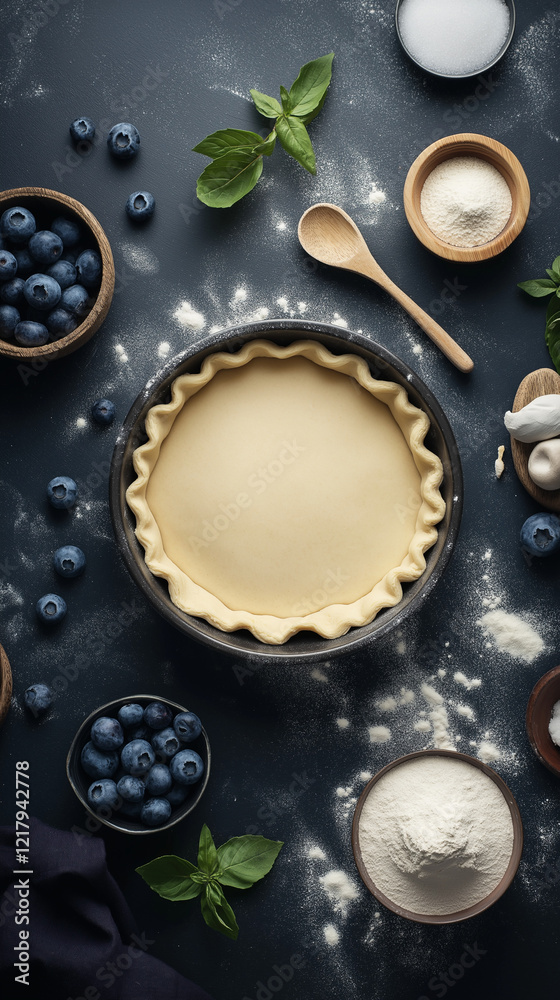 Ingredients for making blueberry pie vertical
