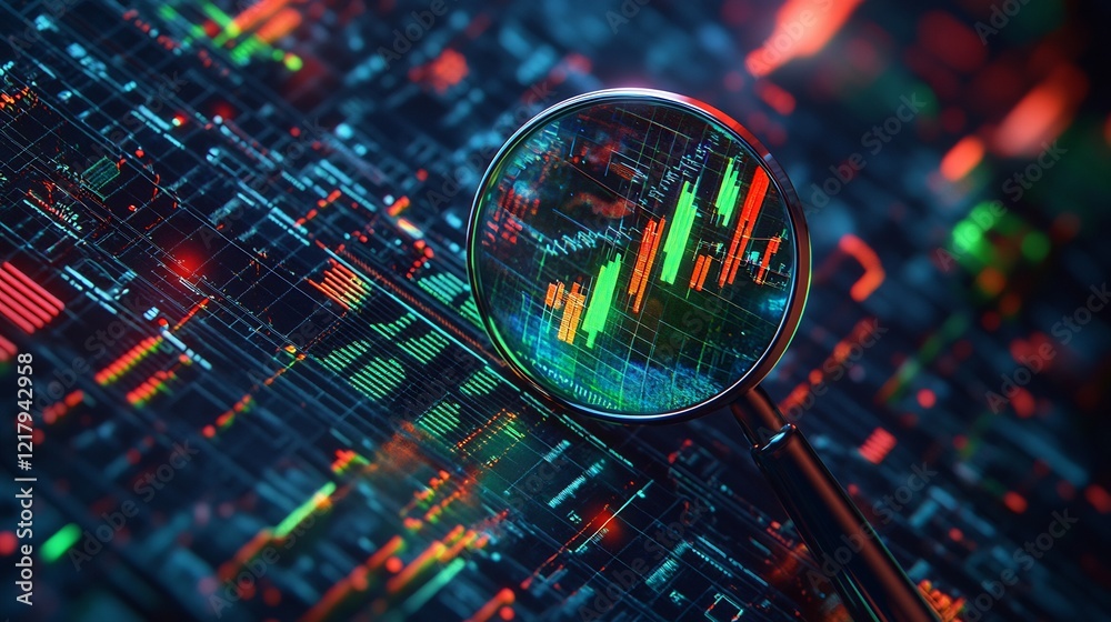 Magnifying Glass Reveals Vibrant Stock Market Data Circuit Board. AI Generated Magnifying Glass Reveals Vibrant Stock Market Data Circuit Board. AI Generated