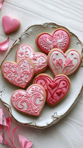 Elegant Valentine cookies with pink and red icing