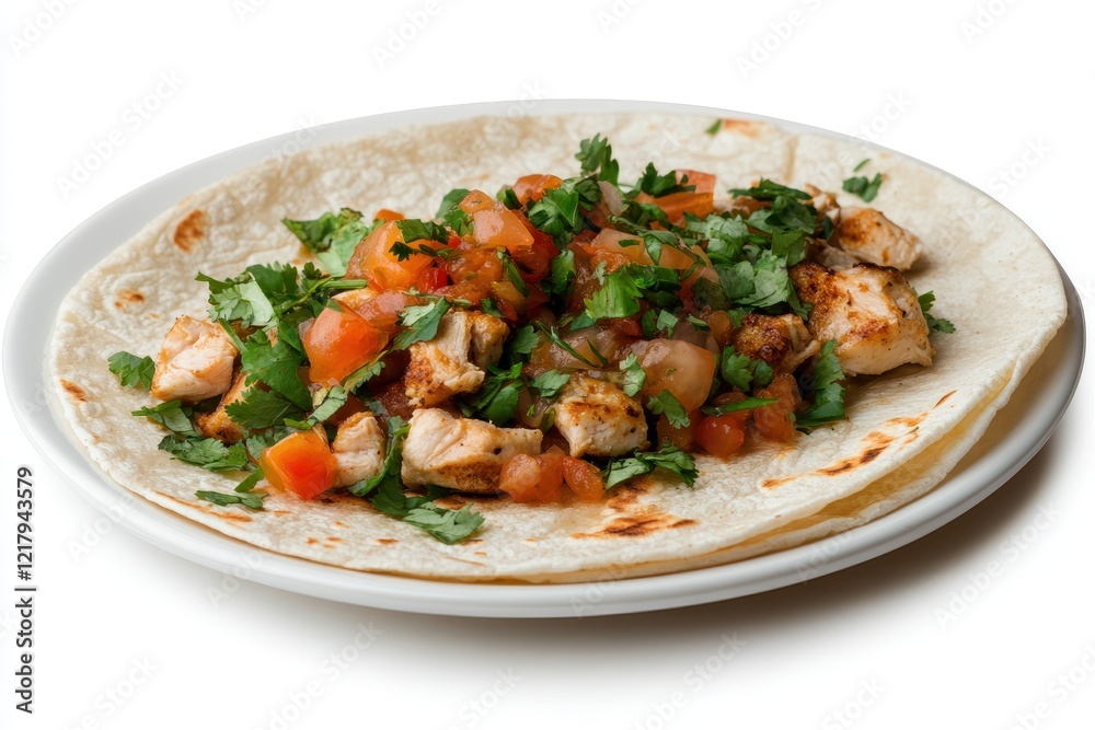 Delicious Chicken Taco with Fresh Tomato Salsa and Chopped Cilantro on a Flour Tortilla Served on a White Plate Perfect for Taco Lovers and Food Enthusiasts Delicious Chicken Taco with Fresh Tomato Salsa and Chopped Cilantro on a Flour Tortilla Served on a White Plate Perfect for Taco Lovers and Food Enthusiasts