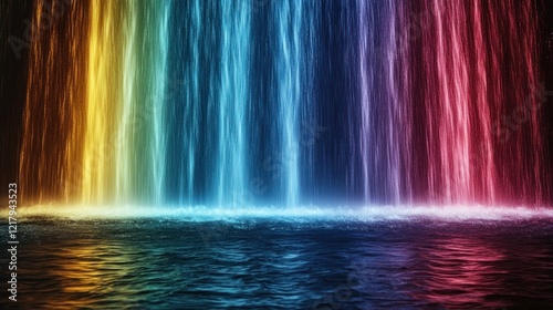 Breathtaking view of a majestic waterfall cascading down a rocky cliff creating a stunning display of colorful rainbow hues reflected in the tranquil natural pool below
