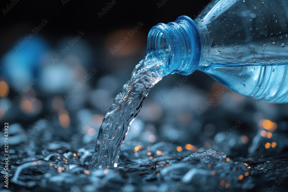 Pouring water from a bottle creates ripples and reflections while captured in slow motion