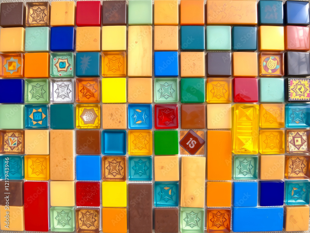 A colorful mosaic tile wall with a variety of shapes and colors. The tiles are arranged in a way that creates a visually interesting pattern. Scene is vibrant and lively, with the colors