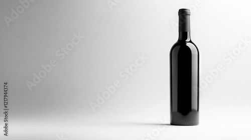  A black wine bottle sits on a white table, near another black-capped bottle