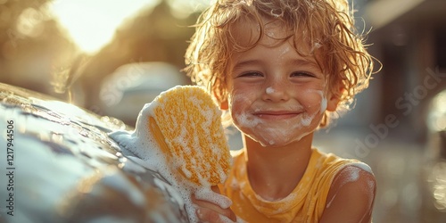 A joyful child scrubs a car with a sponge, surrounded by sunlight, capturing the essence of fun and summertime activities.