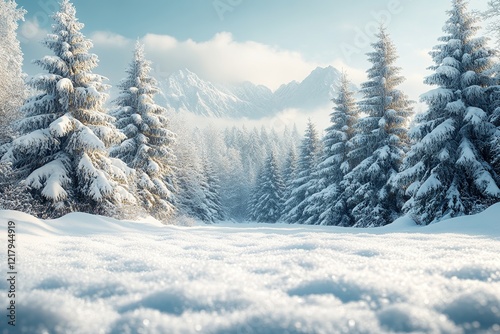 Winter wonderland with snow-covered trees and mountains in the background