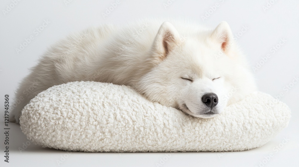 Fototapeta premium Cozy White Dog Relaxing on Soft Bed in Bright Indoor Space