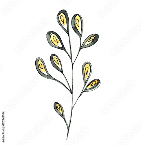 Watercolor simple autumn plant leaf doodle. Orange abstract tree twig stylized botanical drawing. Hand drawn decorative branch element ideal for autumn nature design or decor. 