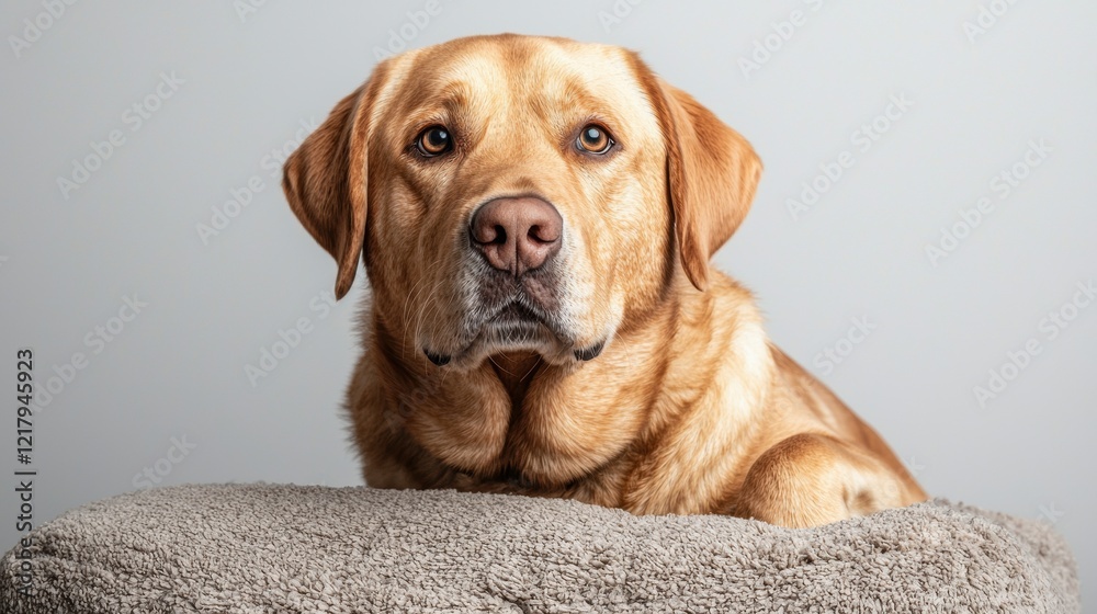 Calm and Regal Yellow Labrador Retriever on Soft Cushion Background Calm and Regal Yellow Labrador Retriever on Soft Cushion Background