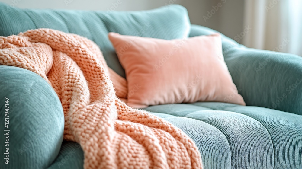 Soft peach blanket draped invitingly on teal couch warm inviting light. AI Generated Soft peach blanket draped invitingly on teal couch warm inviting light. AI Generated