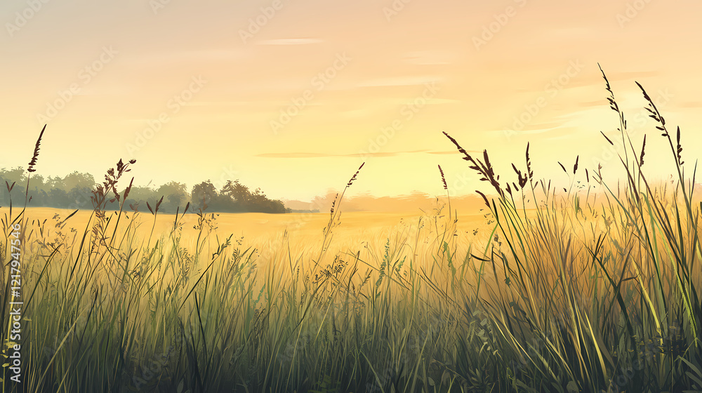 Fototapeta premium Prairie with wild grasses, natural beauty. Vibrant Prairie. Illustration