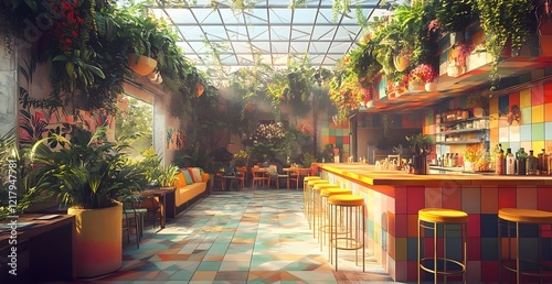 Vibrant indoor bar with lush greenery, colorful decor, and a lively atmosphere in a tropical setting