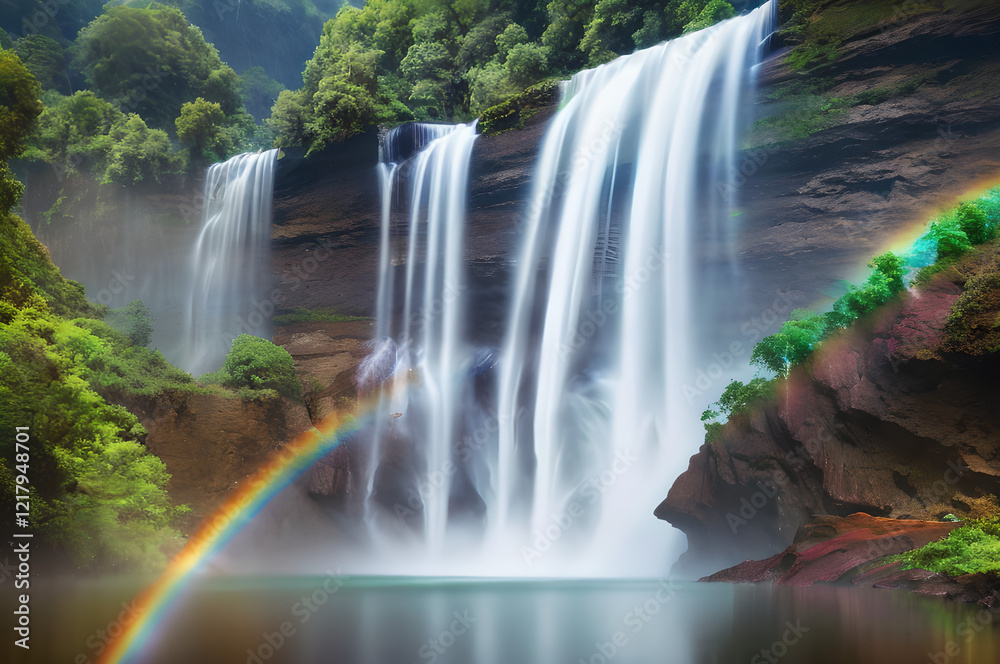 Naklejka premium 滝と雨上がりの虹
