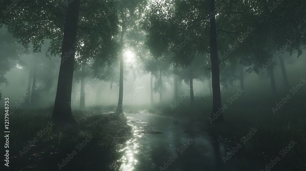 Obraz premium Misty Forest Path: A Serene Escape into Nature's Embrace