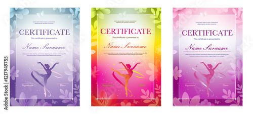 Set with rhythmic gymnastics spring sport diploma, vertical template. Colorful, bright, shiny certificate with flowers and leaves and athlete silhouette, pink, purple, green, yellow colours. 