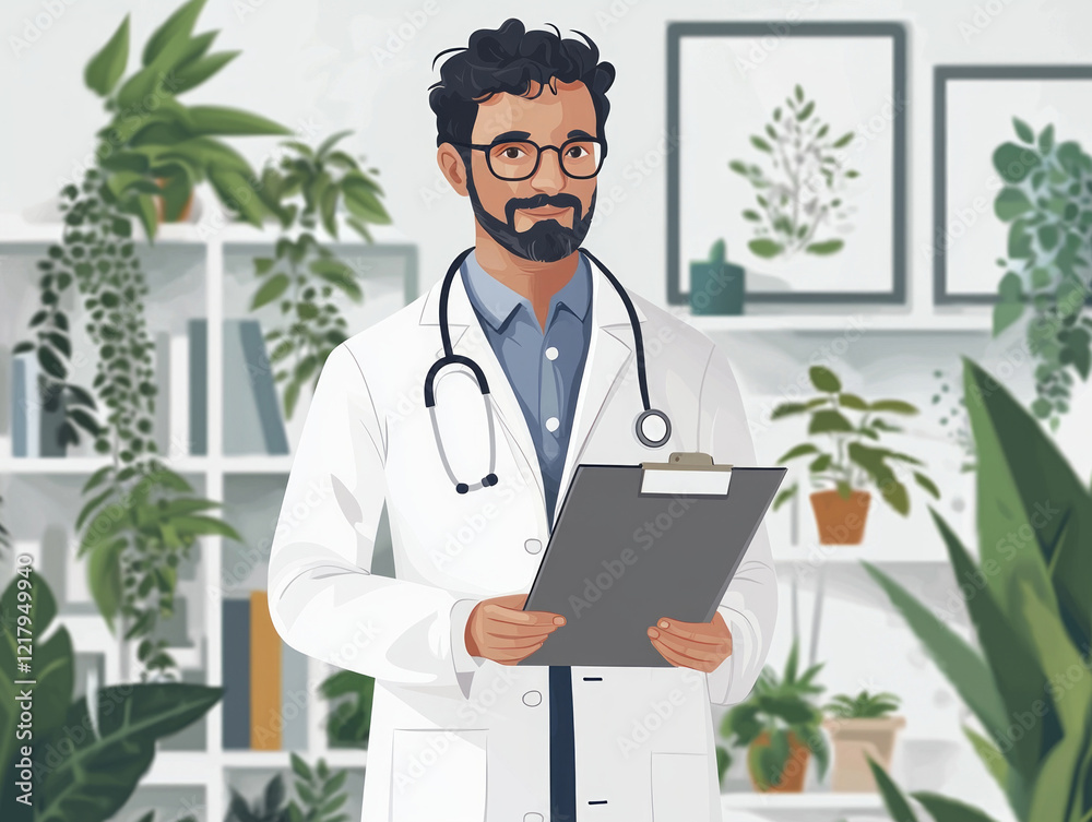 doctor wearing lab coat stands confidently while holding clipboard blank paper. doctor wearing lab coat stands confidently while holding clipboard blank paper.