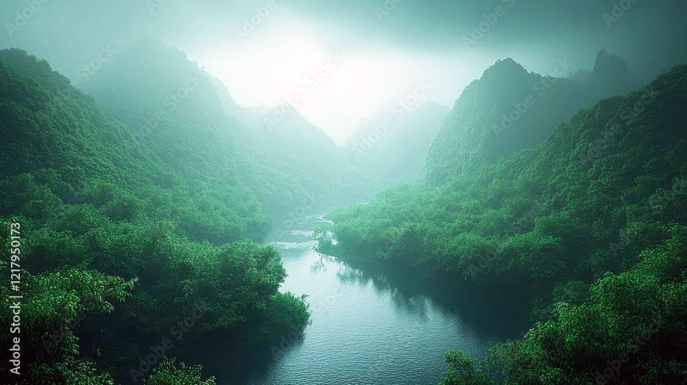 Obraz premium Enthralling River Valley: Misty Mountains, Lush Greenery, and a Serene River Flowing Through