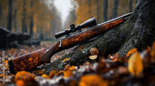 Hunter's Autumn Pursuit: A High-Caliber Rifle in a Rain-Kissed Forest photo