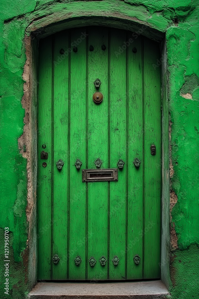 An inviting green door with rustic details that evokes a sense of warmth and character into the entrance. An inviting green door with rustic details that evokes a sense of warmth and character into the entrance.